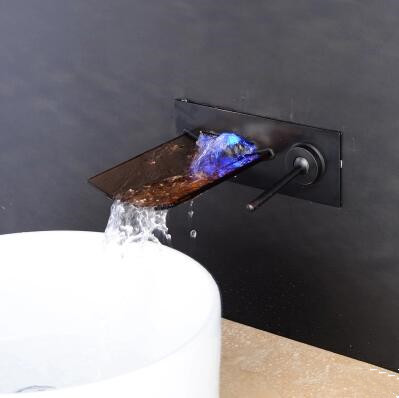 Special Brown Color LED Wall Mounted Waterfall Basin Tap With Glass Spout TB0500W - Click Image to Close