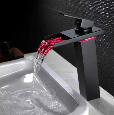 Black Bronze Brass Waterfall Bathroom Mixer LED Color Changing Sink Tap TB288L