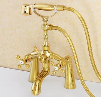 Antique Golden Brass Double Handles Bridge Bathtub Tap with Hand Shower TB398 - Click Image to Close