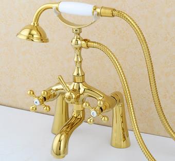 New Golden Brass Double Handles Bridge Bathtub Tap with Hand Shower TB420
