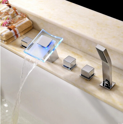 LED Color Changing Glass Spout Five-pieces Bathroom Bathtub Tap TB4980 - Click Image to Close