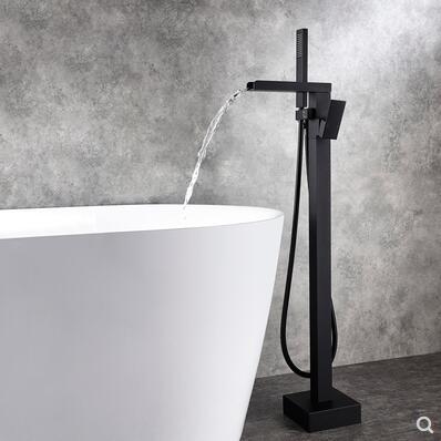 Black Brass Free Standing Waterfall Bathroom Tub Tap With Hand Shower Bathtub Tap TBS0370 - Click Image to Close