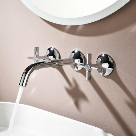 Chrome Brass 3 Hole Taps For Bathroom Basin Wall Mounted Hot and Cold 360° Rotating Double Cross Handle Wall Mounted Mixer Tap Bathroom TC0350