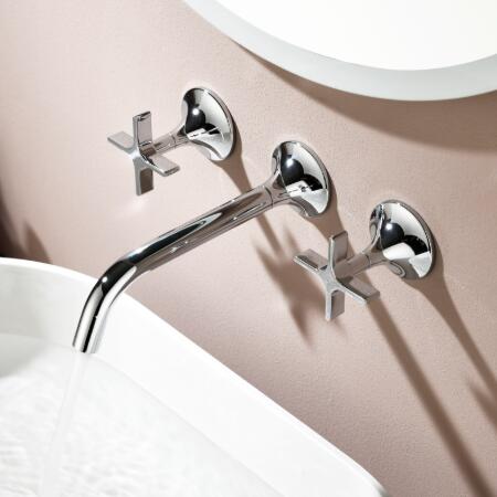 Chrome Brass 3 Hole Taps For Bathroom Basin Wall Mounted Hot and Cold 360° Rotating Double Cross Handle Wall Mounted Mixer Tap Bathroom TC0350 - Click Image to Close