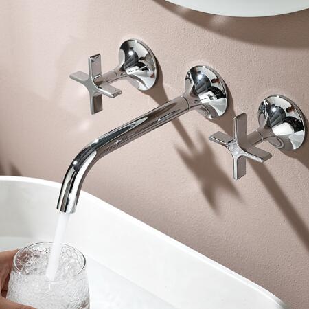 Chrome Brass 3 Hole Taps For Bathroom Basin Wall Mounted Hot and Cold 360° Rotating Double Cross Handle Wall Mounted Mixer Tap Bathroom TC0350 - Click Image to Close