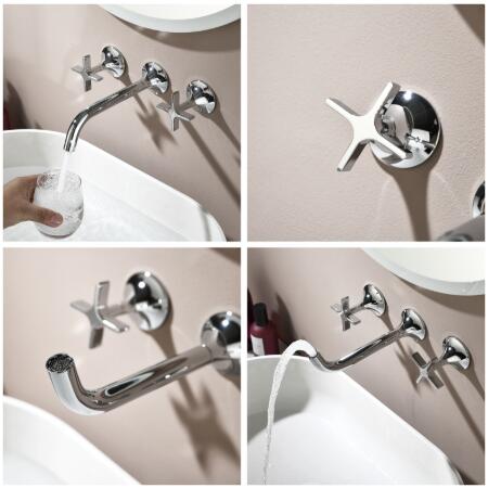 Chrome Brass 3 Hole Taps For Bathroom Basin Wall Mounted Hot and Cold 360° Rotating Double Cross Handle Wall Mounted Mixer Tap Bathroom TC0350 - Click Image to Close