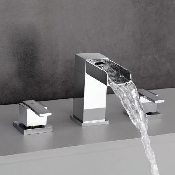 Brass Chrome Finished Two Handles Waterfall Spout Mixer Bathroom Sink Tap TC0568 - Click Image to Close