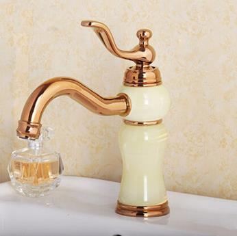 Antique Gold Brass With Natural Jade Bathroom Rotatable Mixer Sink Tap TC2980 - Click Image to Close