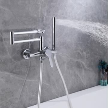 Bathtub Tap Bathroom Wall Mounted Collapsible Spout Brass Chrome Finished with Hand Shower TF408C - Click Image to Close