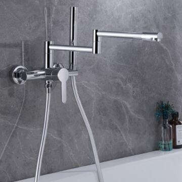Bathtub Tap Bathroom Wall Mounted Collapsible Spout Brass Chrome Finished with Hand Shower TF408C - Click Image to Close