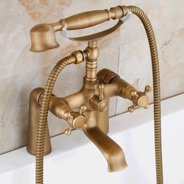 Antique Brass Double Handles Bridge Bathroom Bath Tap Set TFA348 - Click Image to Close