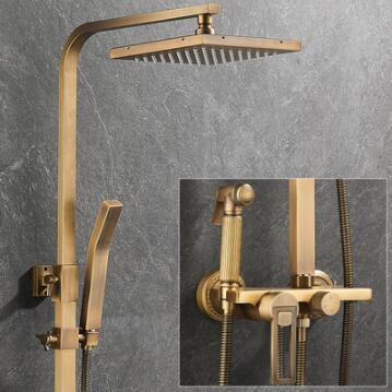 Antique Brass Square Shower Head Rainfall Bathroom Shower Tap Set with Bidet Tap TFA680 - Click Image to Close