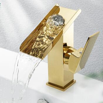 Antique Basin Tap Golden Printed Brass Watefall Bathroom Sink Tap TG0140 - Click Image to Close