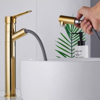 Antique Golden Printed Brass Pull Out Switchable Spout Mixer Tall Bathroom Sink Tap TG0155H - Click Image to Close