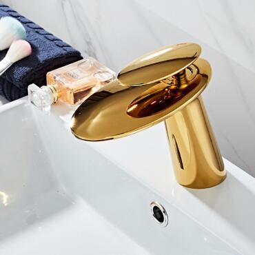 Bathroom Basin Taps Golden Finished Brass Mixer Waterfall Bathroom Sink Tap TG0208 - Click Image to Close
