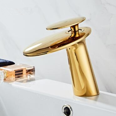 Bathroom Basin Taps Golden Finished Brass Mixer Waterfall Bathroom Sink Tap TG0208