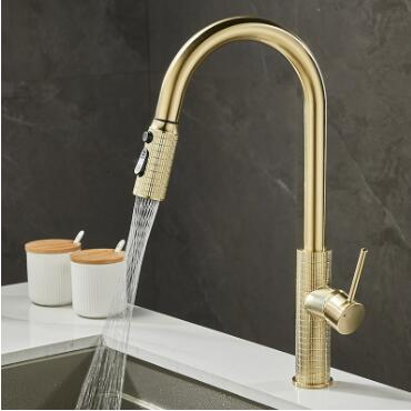 Nickel Brushed Golden Brass Pull Out Spray Spout Universal Telescopic Mixer Kitchen Sink Tap TG0255 - Click Image to Close