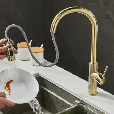 Nickel Brushed Golden Brass Pull Out Spray Spout Universal Telescopic Mixer Kitchen Sink Tap TG0255 - Click Image to Close