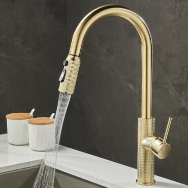 Nickel Brushed Golden Brass Pull Out Spray Spout Universal Telescopic Mixer Kitchen Sink Tap TG0255 - Click Image to Close
