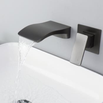 Brass Grey Finished Wall Mounted Waterfall Separated Bathroom Sink Tap TG0328 - Click Image to Close