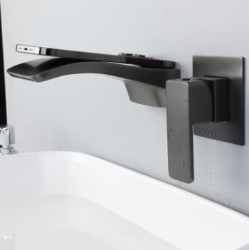 Brass Grey Finished Wall Mounted Waterfall Separated Bathroom Sink Tap TG0328 - Click Image to Close