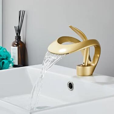 Modern Elegant Single Lever Handle Solid Brass Waterfall Gold Bathroom Tap TG0358 - Click Image to Close