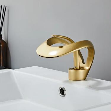 Modern Elegant Single Lever Handle Solid Brass Waterfall Gold Bathroom Tap TG0358 - Click Image to Close