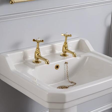 Traditional Gold Brass Taps Double Hole Double Handle Column Classical Retro Bathoom Sink Taps TG0388