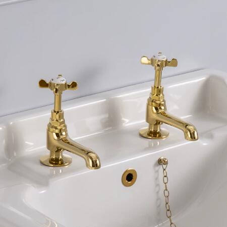 Traditional Gold Brass Taps Double Hole Double Handle Column Classical Retro Bathroom Sink Taps TG0388 - Click Image to Close