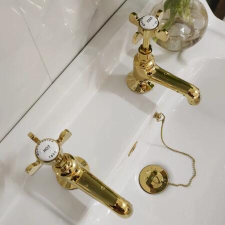 Traditional Gold Brass Taps Double Hole Double Handle Column Classical Retro Bathroom Sink Taps TG0388 - Click Image to Close