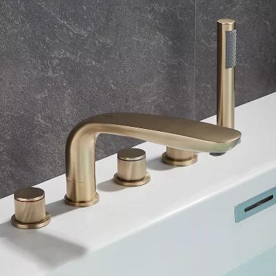 Antique Brass Nickel Brushed Golden Five-Pieces Elbow Spout Tub Tap with Hand Shower TG0508N - Click Image to Close