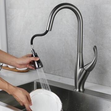 Grey Finished Brass Rotatable Retractable Head Pull Out Kitchen Tap TG0576 - Click Image to Close