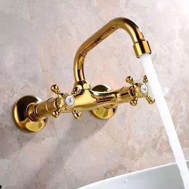 Antique Brass Golden Printed Wall Mounted Mixer Bathroom Sink Tap TG109W - Click Image to Close