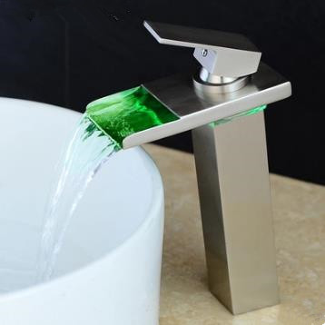 Brass Nickel Brushed Waterfall Bathroom Mixer LED Color Changing Sink Tap TN288L