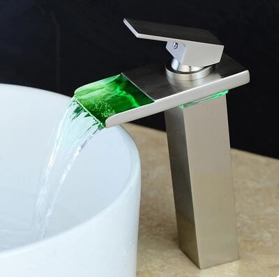 Brass Nickel Brushed Waterfall Bathroom Mixer LED Color Changing Sink Tap TN288L - Click Image to Close