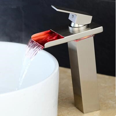 Brass Nickel Brushed Waterfall Bathroom Mixer LED Color Changing Sink Tap TN288L