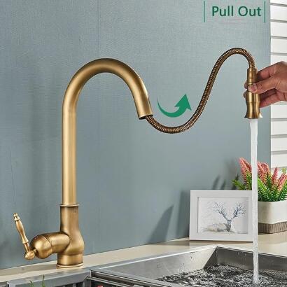 Antique Brass Kitchen Taps Single Handle Retro Style Hot Cold 360 Degree Swivel Sink Water Pull Out Kitchen Taps TP0149 - Click Image to Close