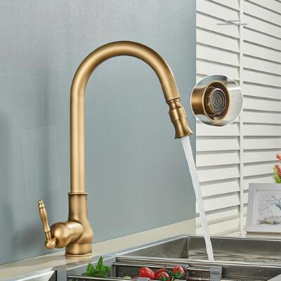 Antique Brass Kitchen Taps Single Handle Retro Style Hot Cold 360 Degree Swivel Sink Water Pull Out Kitchen Taps TP0149 - Click Image to Close