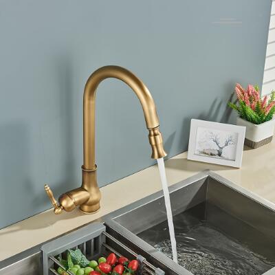 Antique Brass Kitchen Taps Single Handle Retro Style Hot Cold 360 Degree Swivel Sink Water Pull Out Kitchen Taps TP0149 - Click Image to Close