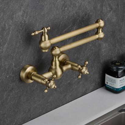 Antique Brass Three Handles Wall Mounted Foldding Kitchen Sink Tap TP0386