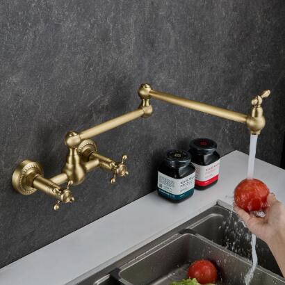 Antique Brass Three Handles Wall Mounted Foldding Kitchen Sink Tap TP0386