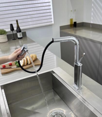Chrome Full Copper 360°Swivel Single Handle Pull Out Kitchen Tap TP0394