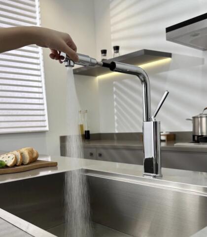 Chrome Full Copper 360°Swivel Single Handle Pull Out Kitchen Tap TP0394