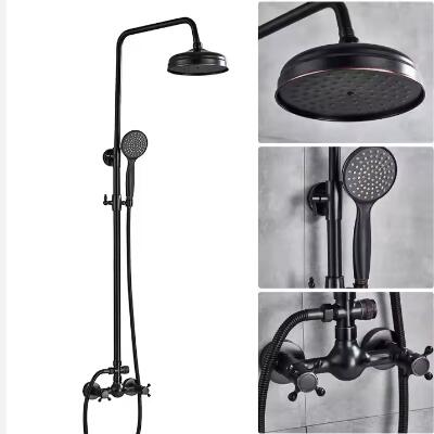 Antique Black Wall Mount Retro Kit Dual Knobs Handheld Spray Brass Shower Taps Set TS0310