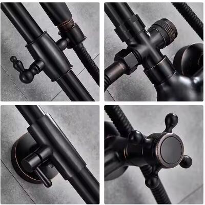 Antique Black Wall Mount Retro Kit Dual Knobs Handheld Spray Brass Shower Taps Set TS0310