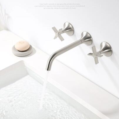 Nickel Brushed Brass Double Handle Three Hole Hot And Cold Concealed Installation Wall Mounted Basin Taps TS0350
