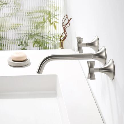 Nickel Brushed Brass Double Handle Three Hole Hot And Cold Concealed Installation Wall Mounted Basin Taps TS0350 - Click Image to Close