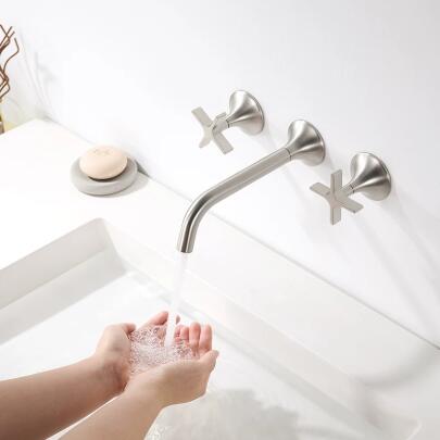 Nickel Brushed Brass Double Handle Three Hole Hot And Cold Concealed Installation Wall Mounted Basin Taps TS0350 - Click Image to Close