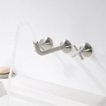Nickel Brushed Brass Double Handle Three Hole Hot And Cold Concealed Installation Wall Mounted Basin Taps TS0350 - Click Image to Close