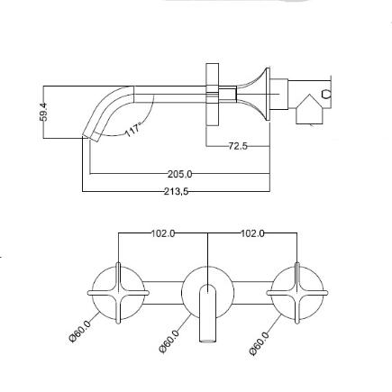 Nickel Brushed Brass Double Handle Three Hole Hot And Cold Concealed Installation Wall Mounted Basin Taps TS0350 - Click Image to Close